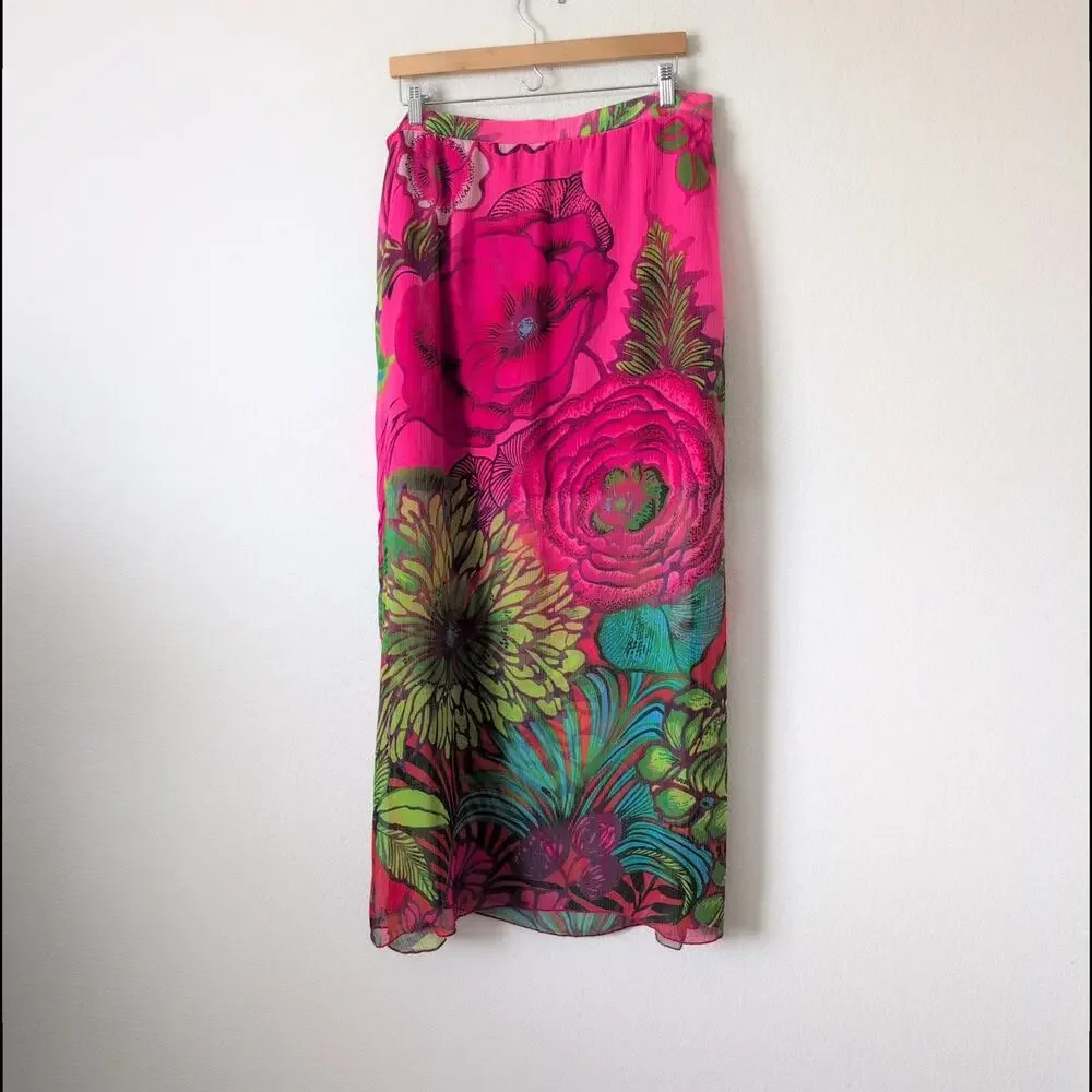 Desigual Skirt Womens 44 /‎ US XL Pink Floral Midi Sheer Slits Beachy Vacation